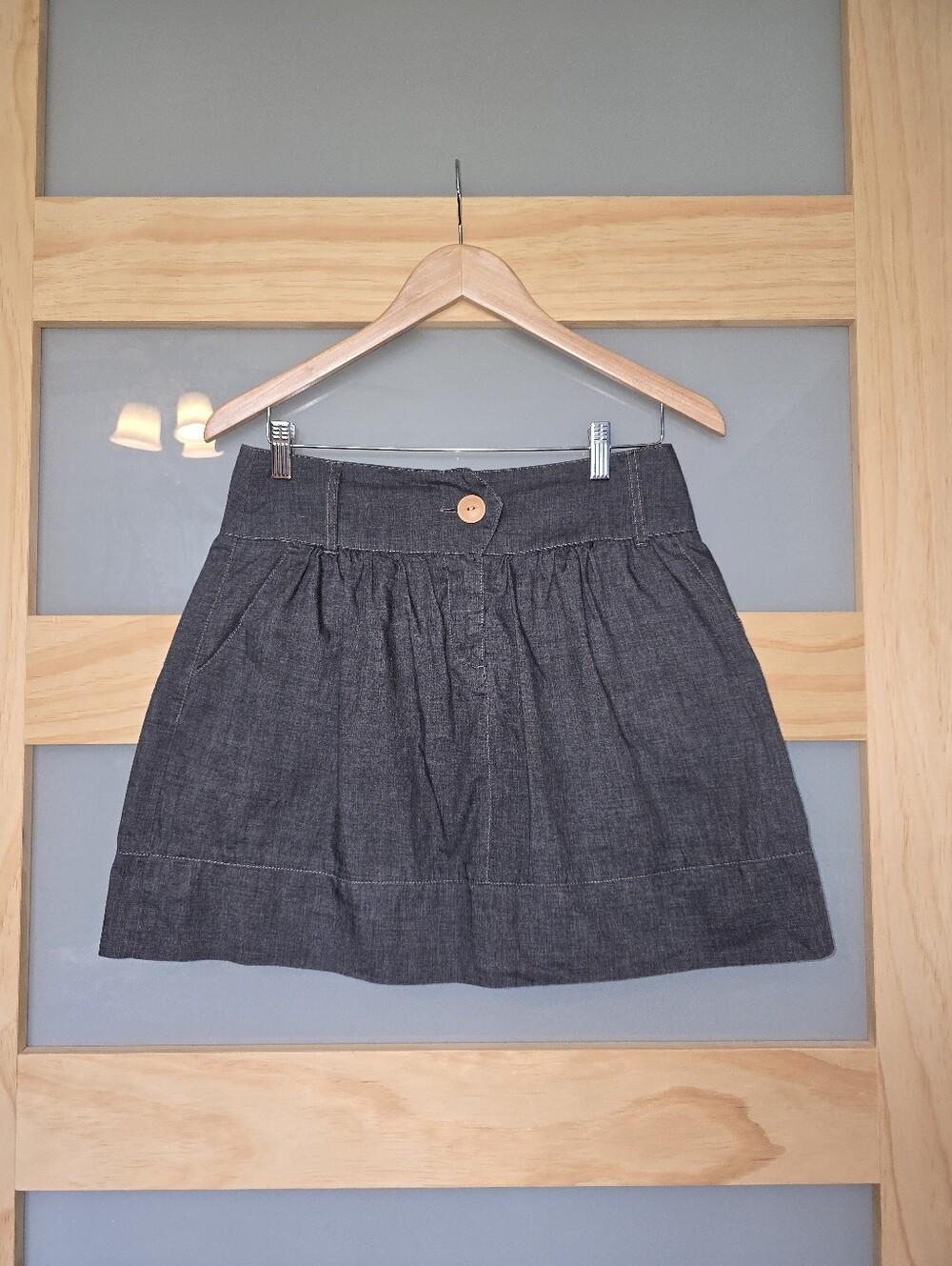 Mimi Chica Dark Gray Denim Skirt with Button. Cute Versatile Skirt.